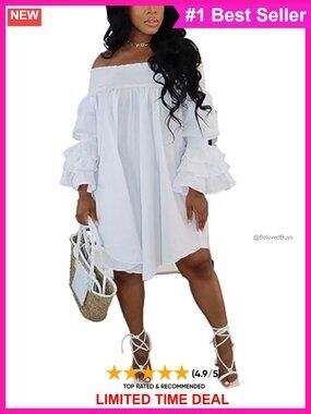 Plus Size Off Shoulder Midi Dress Bell Sleeve Shirred Ruffle